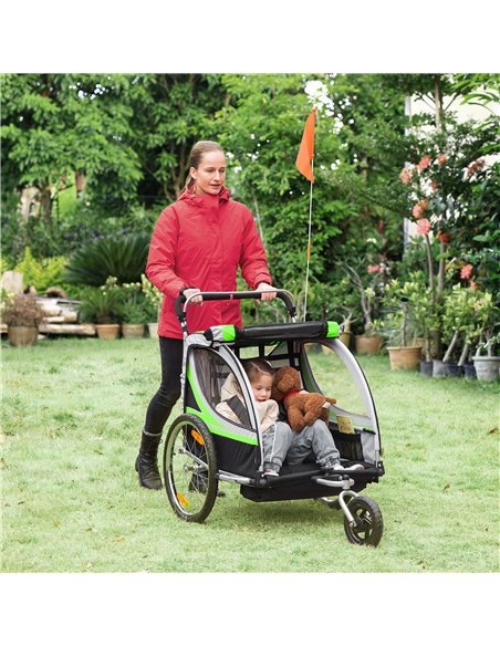 HOMCOM Child Bike Trailer, 2 In 1 Baby Stroller 2-Seater Transport Carrier with Hitch Coupler, Brake, Green - pic 28150 | FastDaddyshop