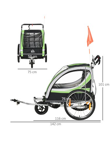 HOMCOM Child Bike Trailer, 2 In 1 Baby Stroller 2-Seater Transport Carrier with Hitch Coupler, Brake, Green