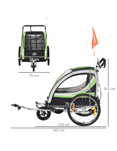 HOMCOM Child Bike Trailer, 2 In 1 Baby Stroller 2-Seater Transport Carrier with Hitch Coupler, Brake, Green - pic 28151 | FastDaddyshop