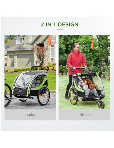 HOMCOM 2 In 1 Baby Stroller, 2-Seater Child Bike Trailer, Green 440-026GN