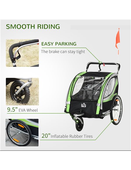 HOMCOM 2 In 1 Baby Stroller, 2-Seater Child Bike Trailer, Green 440-026GN - pic 28153 | FastDaddyshop