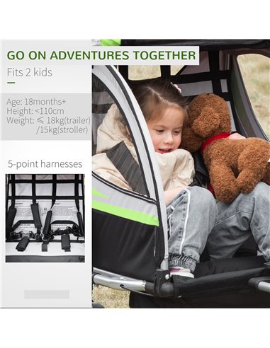 HOMCOM Child Bike Trailer, 2 In 1 Baby Stroller 2-Seater Transport Carrier with Hitch Coupler, Brake, Green