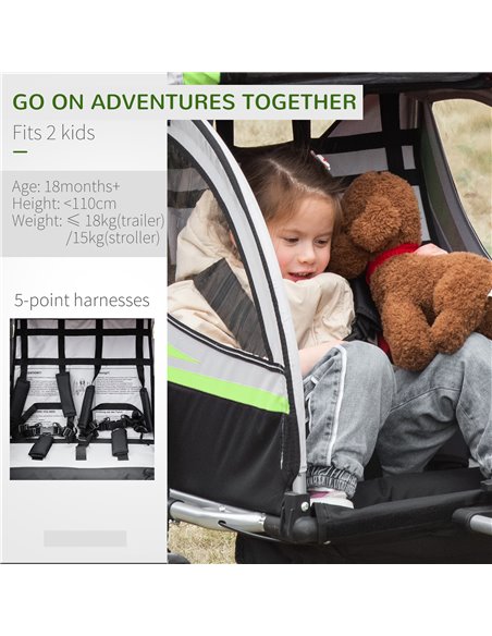 HOMCOM Child Bike Trailer, 2 In 1 Baby Stroller 2-Seater Transport Carrier with Hitch Coupler, Brake, Green - pic 28154 | FastDaddyshop