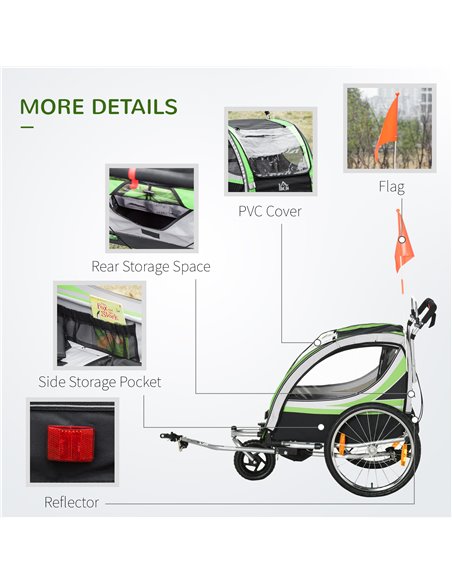 HOMCOM Child Bike Trailer, 2 In 1 Baby Stroller 2-Seater Transport Carrier with Hitch Coupler, Brake, Green - pic 28155 | FastDaddyshop