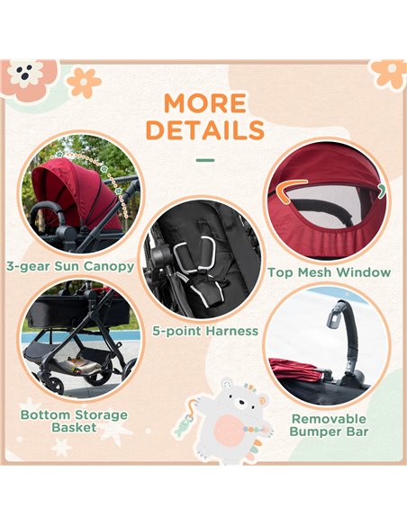 HOMCOM Lightweight Pushchair,Travel Baby Stroller with Reversible Seat, Red - pic 28191 | FastDaddyshop