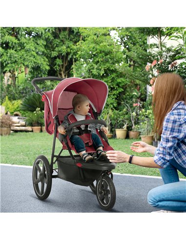 HOMCOM Foldable Three-Wheeler Baby Stroller with Canopy, Storage Basket, Red