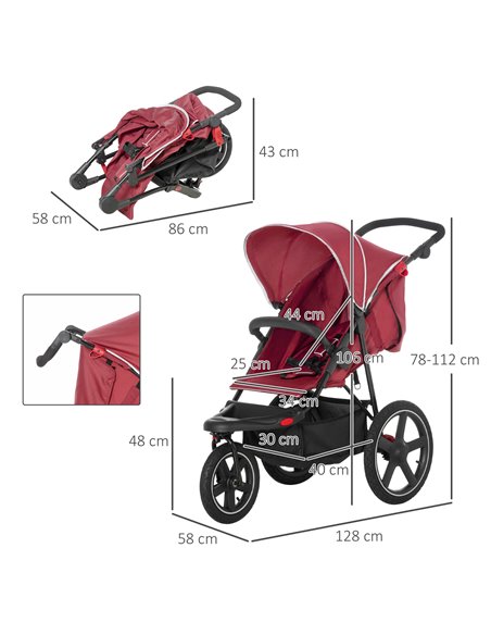 HOMCOM Foldable Three-Wheeler Baby Stroller with Canopy, Storage Basket, Red - pic 28196 | FastDaddyshop