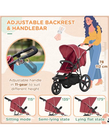 HOMCOM Foldable Three-Wheeler Baby Stroller, Red 440-030V70RD