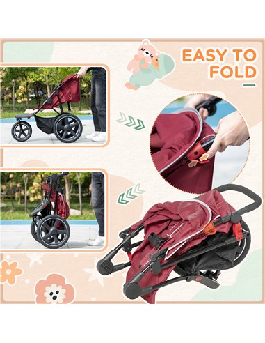 HOMCOM Foldable Three-Wheeler Baby Stroller with Canopy, Storage Basket, Red