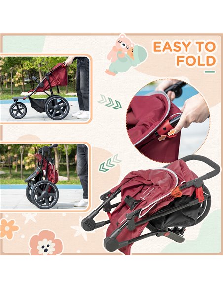 HOMCOM Foldable Three-Wheeler Baby Stroller with Canopy, Storage Basket, Red - pic 28199 | FastDaddyshop