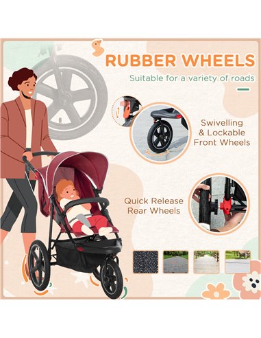 HOMCOM Foldable Three-Wheeler Baby Stroller with Canopy, Storage Basket, Red