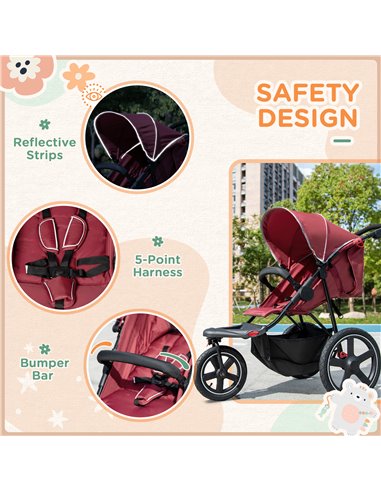 HOMCOM Foldable Three-Wheeler Baby Stroller with Canopy, Storage Basket, Red
