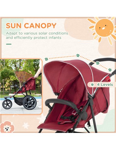HOMCOM Foldable Three-Wheeler Baby Stroller with Canopy, Storage Basket, Red