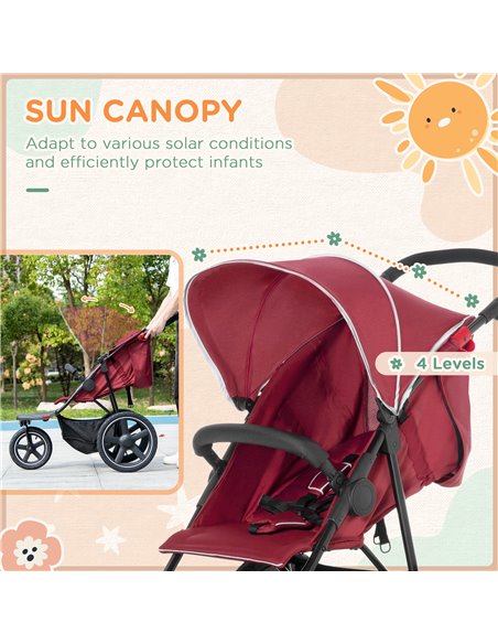 HOMCOM Foldable Three-Wheeler Baby Stroller with Canopy, Storage Basket, Red - pic 28202 | FastDaddyshop