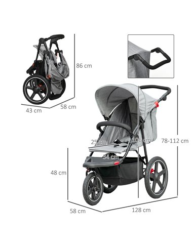 HOMCOM Foldable Three-Wheeler Baby Stroller with Canopy, Storage Basket, Grey