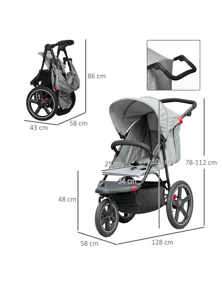 HOMCOM Foldable Three-Wheeler Baby Stroller with Canopy, Storage Basket, Grey - pic 28205 | FastDaddyshop