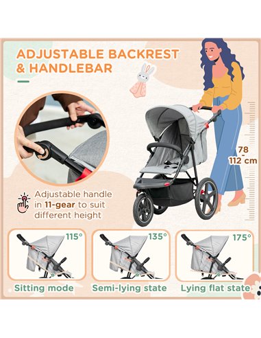 HOMCOM Foldable Three-Wheeler Baby Stroller, Grey 440-030V70GY