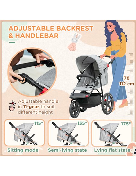 HOMCOM Foldable Three-Wheeler Baby Stroller, Grey 440-030V70GY - pic 28207 | FastDaddyshop
