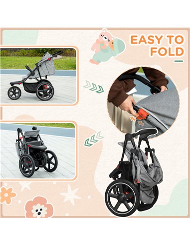 HOMCOM Foldable Three-Wheeler Baby Stroller with Canopy, Storage Basket, Grey