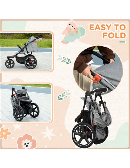 HOMCOM Foldable Three-Wheeler Baby Stroller with Canopy, Storage Basket, Grey - pic 28208 | FastDaddyshop