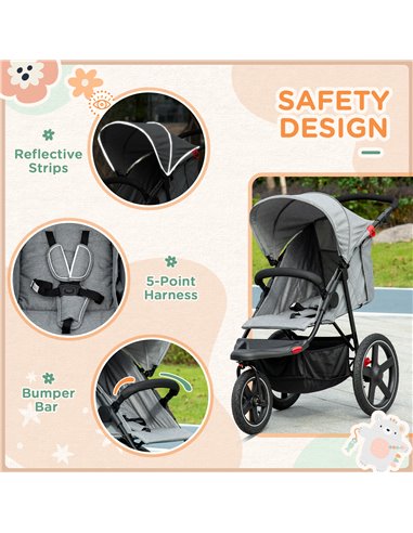 HOMCOM Foldable Three-Wheeler Baby Stroller with Canopy, Storage Basket, Grey