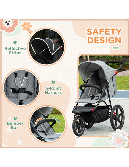 HOMCOM Foldable Three-Wheeler Baby Stroller with Canopy, Storage Basket, Grey - pic 28210 | FastDaddyshop
