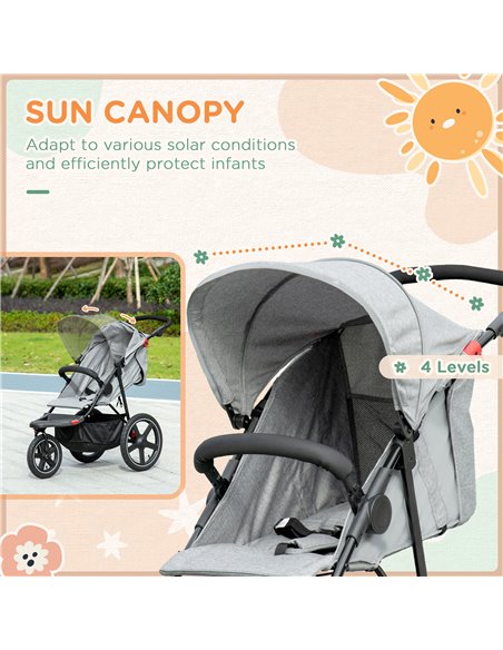HOMCOM Foldable Three-Wheeler Baby Stroller with Canopy, Storage Basket, Grey - pic 28211 | FastDaddyshop