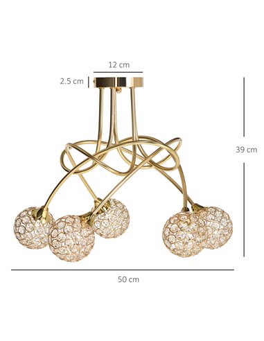 HOMCOM Crystal Chandelier Modern Pendant Light for Living Room with 5 Ball Lampshades 5 G9 Bulbs Required Gold Tone