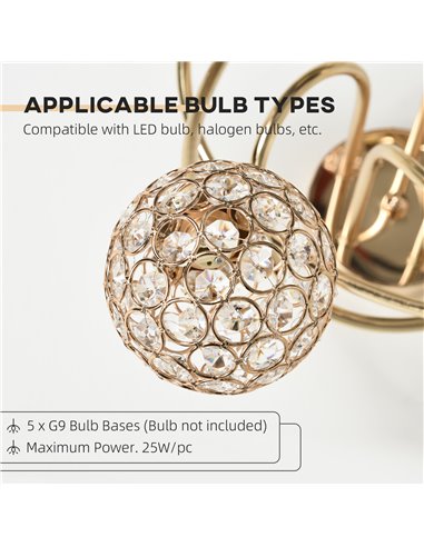 HOMCOM Crystal Chandelier Modern Pendant Light for Living Room with 5 Ball Lampshades 5 G9 Bulbs Required Gold Tone