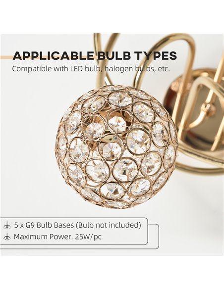HOMCOM Crystal Chandelier Modern Pendant Light for Living Room with 5 Ball Lampshades 5 G9 Bulbs Required Gold Tone - pic 28281 | FastDaddyshop