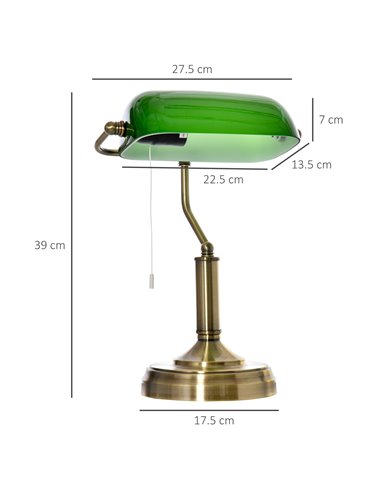 HOMCOM Banker's Table Desk Lamp with Antique Bronze Base, Glass Shade and Pull Rope Switch, Green