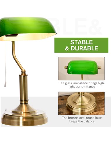 HOMCOM Banker's Table Desk Lamp with Antique Bronze Base, Glass Shade and Pull Rope Switch, Green