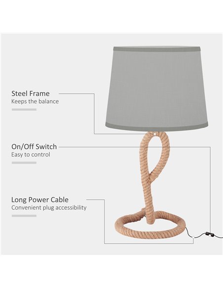 HOMCOM Farmhouse Table Lamp with Rope Base for E27 LED Halogen Bulb, Light grey - pic 28298 | FastDaddyshop