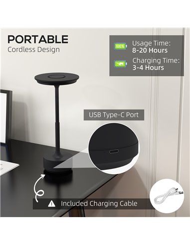 HOMCOM Cordless LED Table Lamp with 4000mAh Battery, Black B31-454V00BK