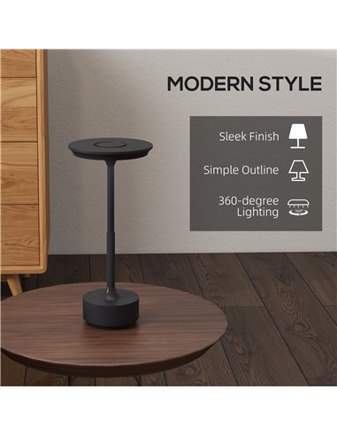 HOMCOM Cordless Table Lamp, Touch LED Desk Lamp with 4000mAh Rechargeable Battery, 3 Colour, for Bedroom Living Room, Black