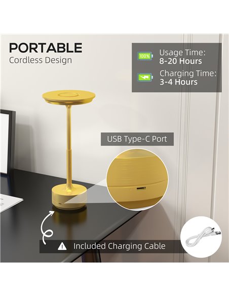 HOMCOM Cordless LED Table Lamp with 4000mAh Battery, Gold Tone B31-454V00GD - pic 28341 | FastDaddyshop