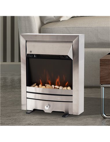 HOMCOM 2KW Electric Fireplace Pebble Burning Effect Heater Fire Flame Indoor Stove LED Lighting - Stainless Steel