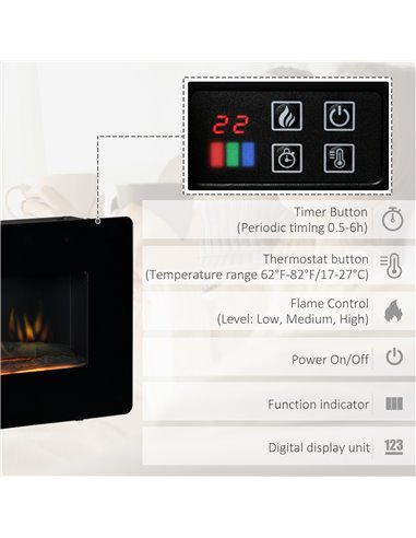 HOMCOM Electric Wall-Mounted Fireplace Heater with Remote Control, Black 820-198V70
