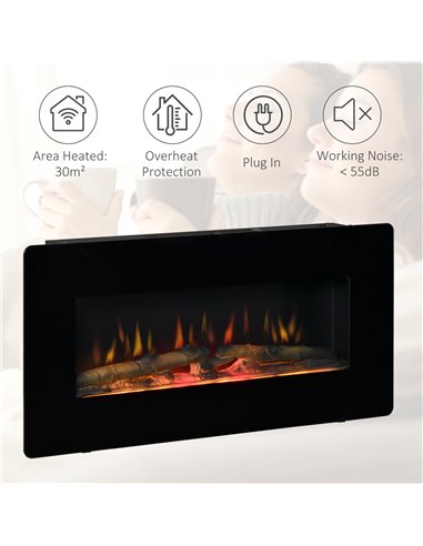 HOMCOM Electric Wall-Mounted Fireplace Heater with Adjustable Flame Effect, Remote Control, Timer, 1800/2000W, Black