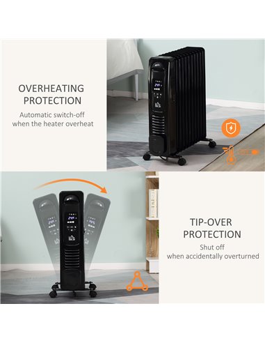 HOMCOM 2720W 11Fin Digital Display Oil Filled Radiator with Three Heat settings, Safety switch, Remote Control, Black
