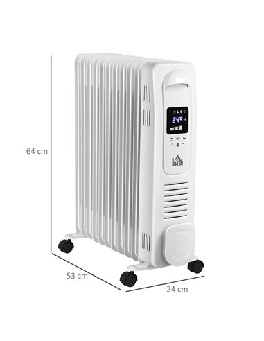 HOMCOM 2720W 11 Fin Digital Oil Filled Radiator with LED Display, 3 Heat Settings, Safety Cut-Off, Remote, White