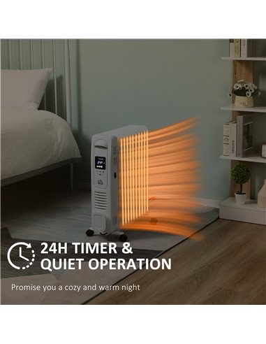HOMCOM 2720W 11 Fin Digital Oil Filled Radiator with LED Display, 3 Heat Settings, Safety Cut-Off, Remote, White