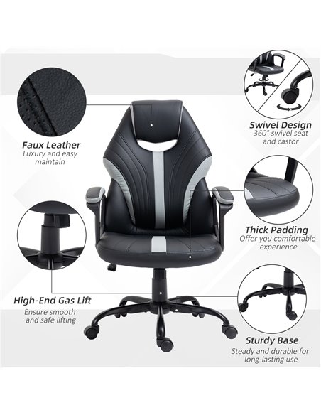 Vinsetto Racing Gaming Chair, Home Office Computer Desk Chair, Faux Leather Gamer Chair with Swivel Wheels, Black Grey - pic 28848 | FastDaddyshop