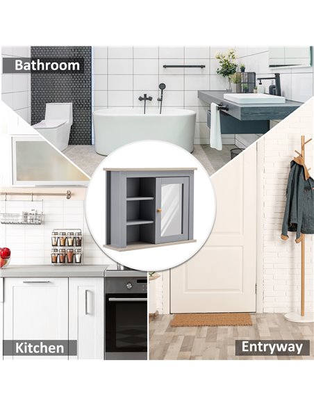 kleankin Bathroom Wall Mirror Cabinet, Cupboard with Door, Storage Cabinet with Adjustable Shelf for Corridors Living Rooms, Gre - pic 28857 | FastDaddyshop