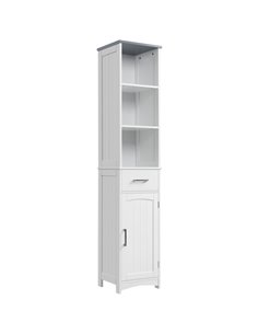 Kleankin Tall Bathroom Storage Cabinet with 3 Tier Shelf, Drawer, Door, White-Grey