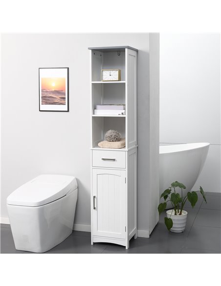 Kleankin Tall Bathroom Storage Cabinet with 3 Tier Shelf, Drawer, Door, White-Grey - pic 28870 | FastDaddyshop