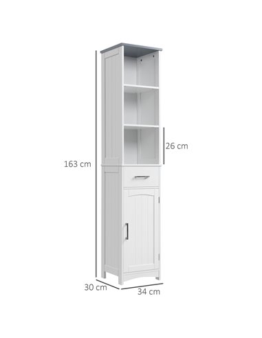 Kleankin Tall Bathroom Storage Cabinet with 3 Tier Shelf, Drawer, Door, White-Grey