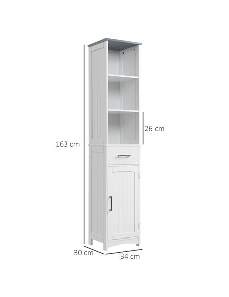 Kleankin Tall Bathroom Storage Cabinet with 3 Tier Shelf, Drawer, Door, White-Grey - pic 28871 | FastDaddyshop