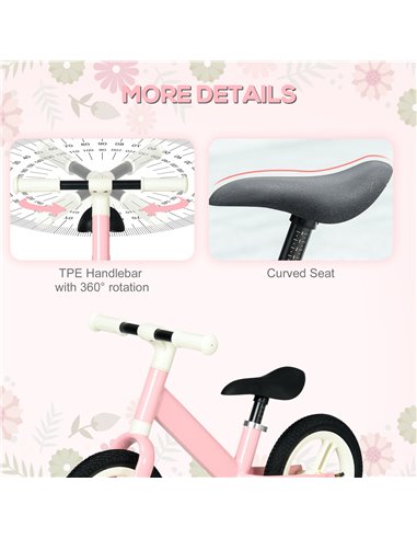 AIYAPLAY 12" Kids Balance Bike, No Pedal Training Bike for Children with Adjustable Seat, 360° Rotation Handlebars - Pink