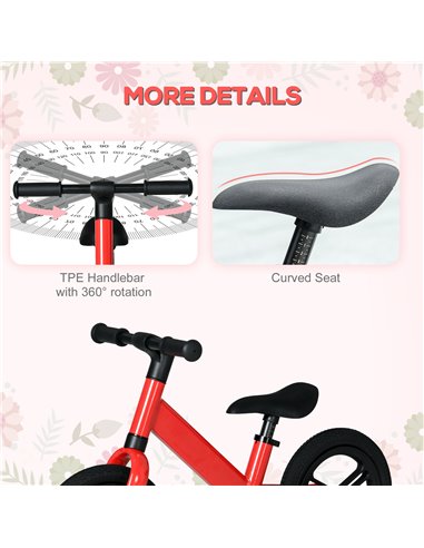 AIYAPLAY 12" Kids Balance Bike, No Pedal Training Bike for Children with Adjustable Seat, 360° Rotation Handlebars - Red